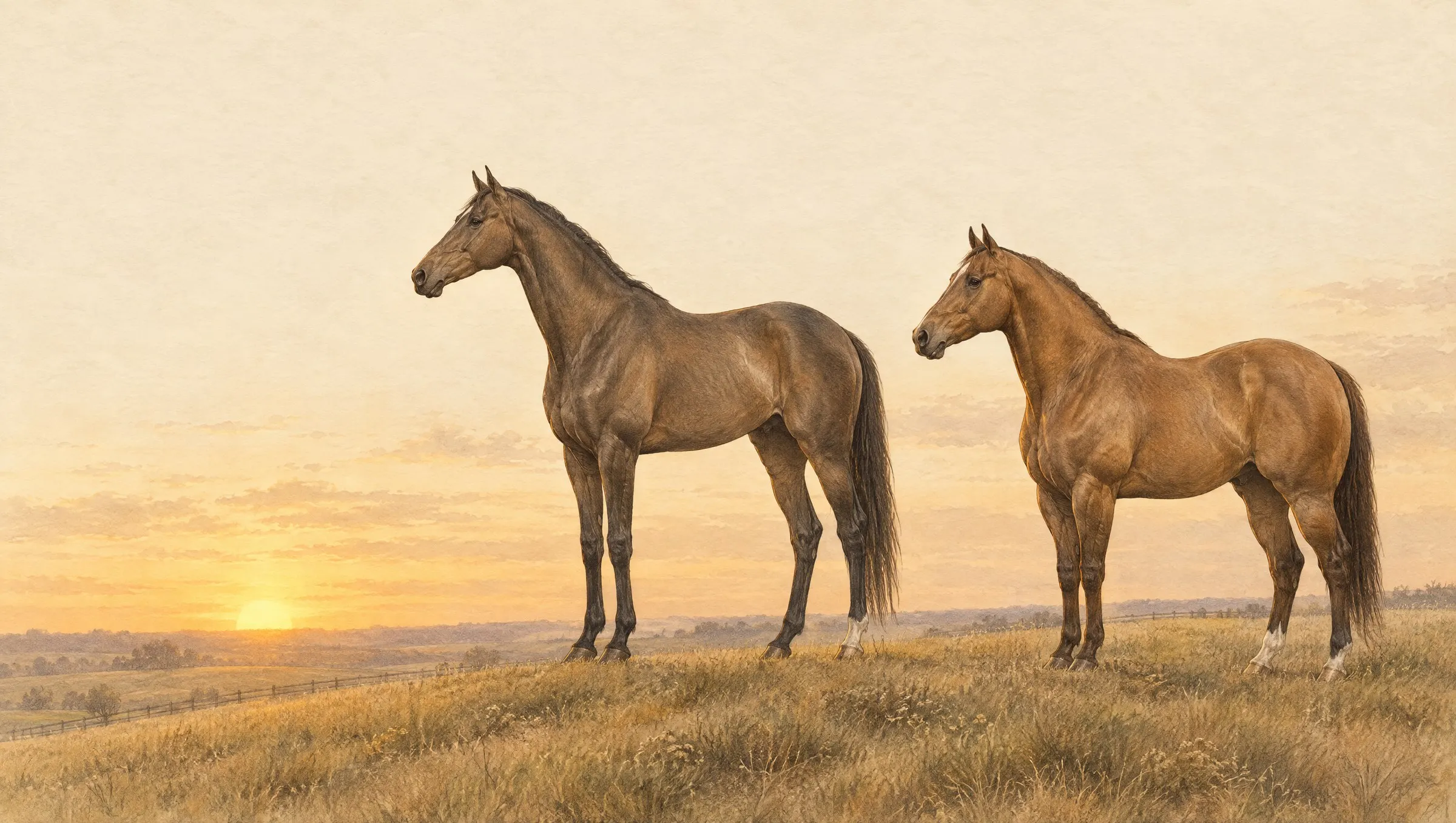 Illustration of a lean, long-legged Thoroughbred beside a compact, muscular American Quarter Horse on a pasture ridge at sunset.