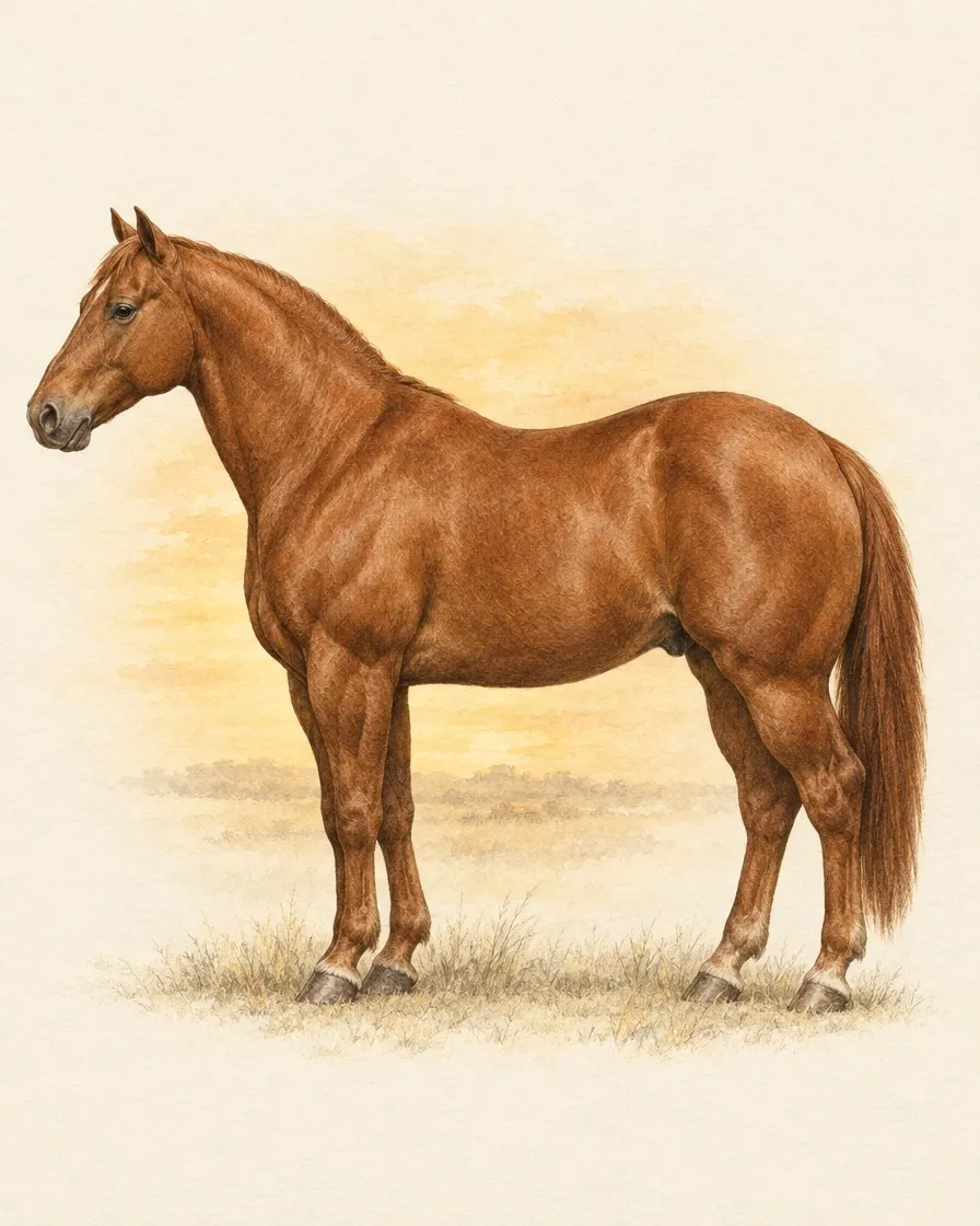 Illustration of a sorrel American Quarter Horse in profile, showing a compact frame, broad chest and powerful hindquarters.