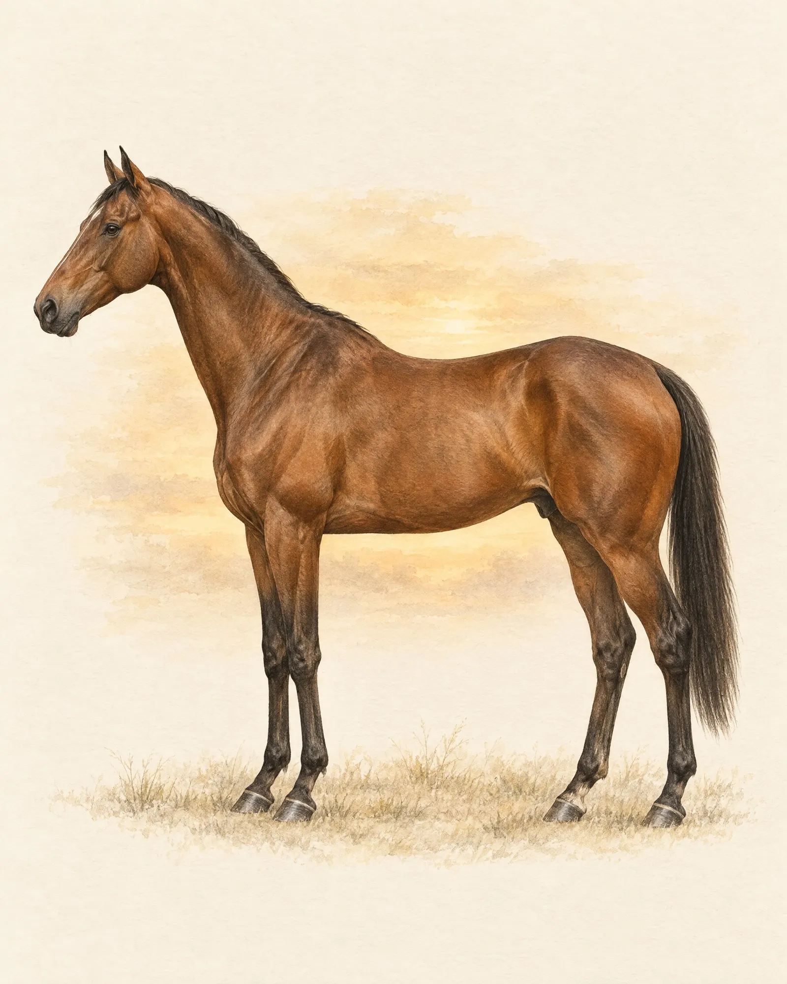Illustration of a bay Thoroughbred in profile, showing a long neck, sloping shoulder and long, fine legs.